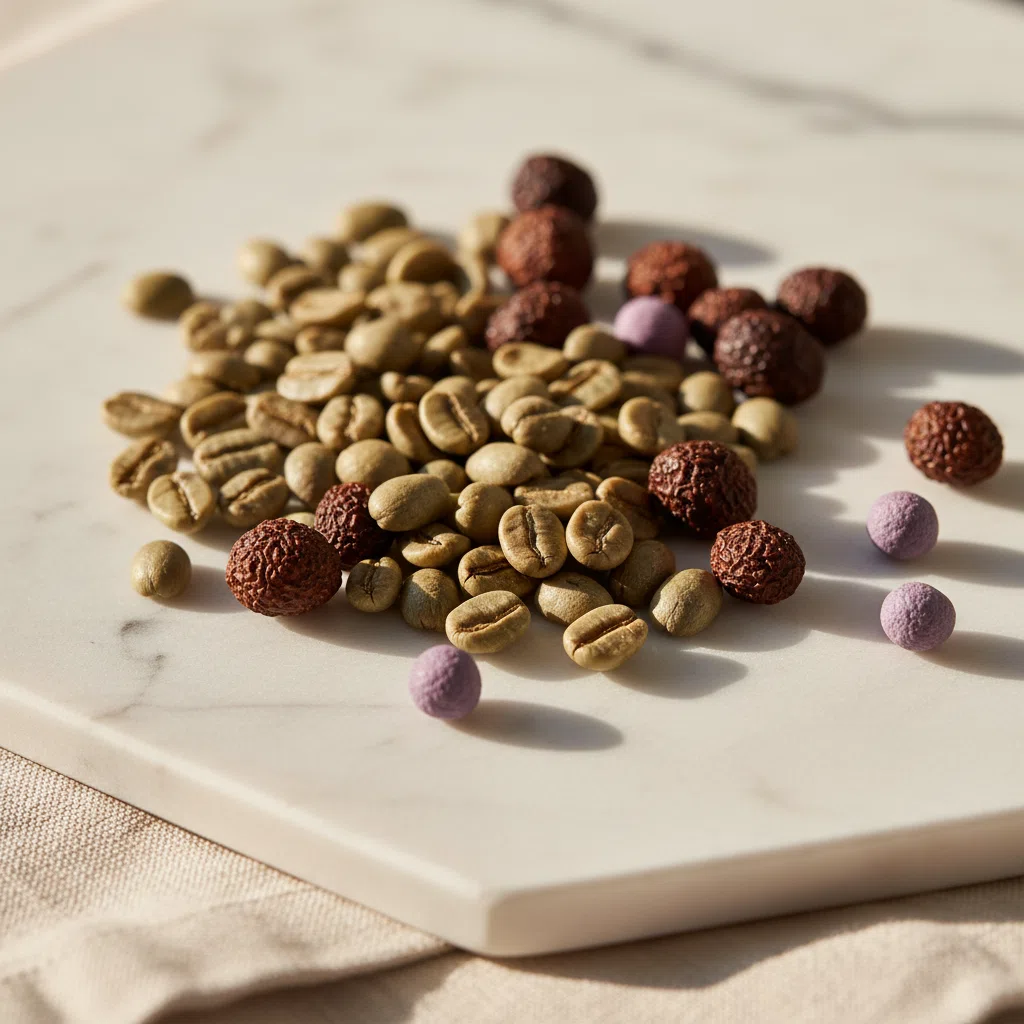 Green coffee beans and guarana seeds on white marble - botanical ingredients supporting normal energy metabolism