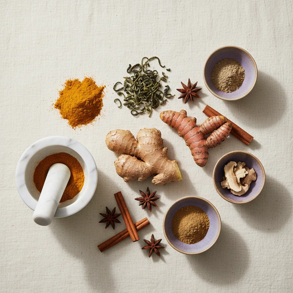 Adaptogenic herbs including ginger and turmeric - plant-based supplement ingredients for everyday vitality