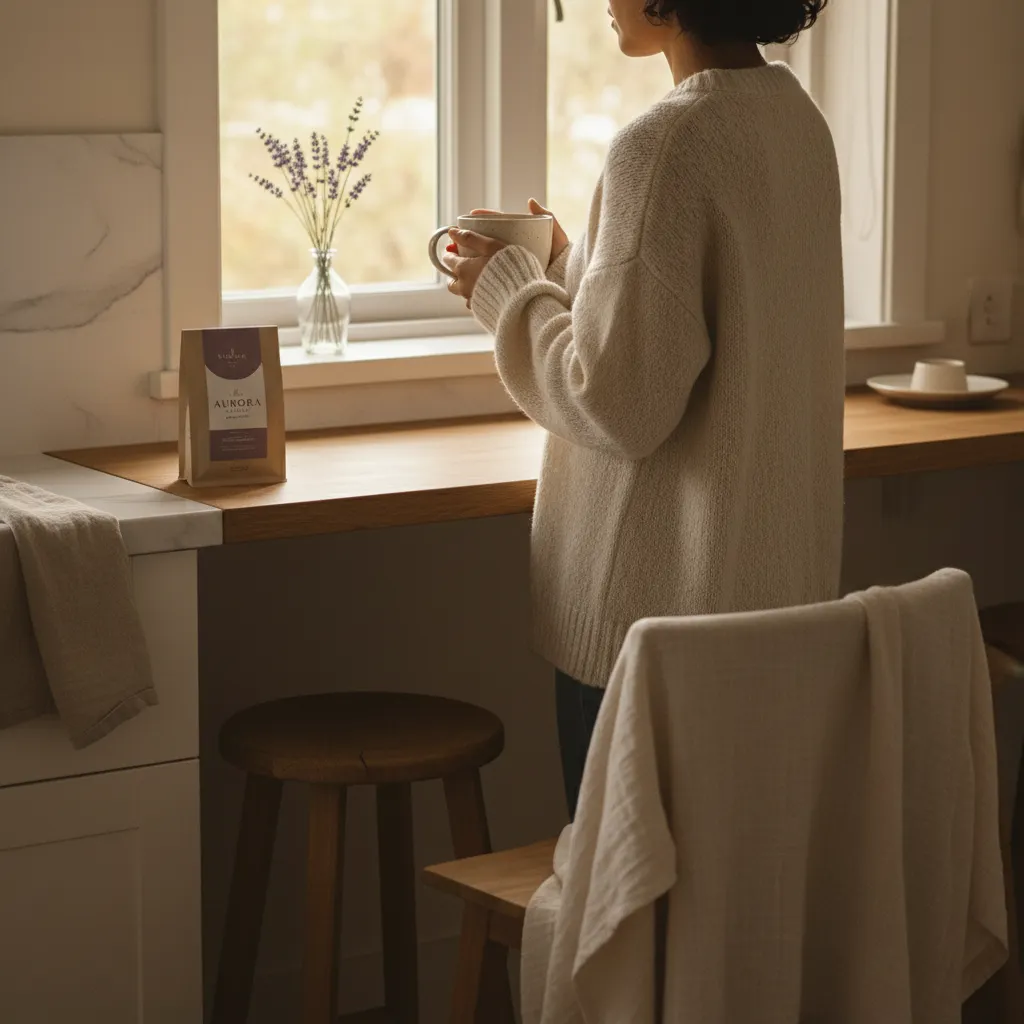Anonymous person enjoying a warm morning coffee by a sunlit window