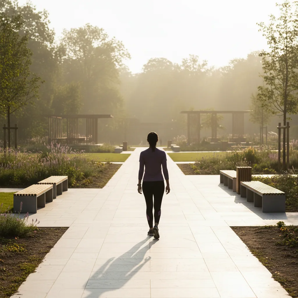 Anonymous silhouette walking in a park on a bright morning